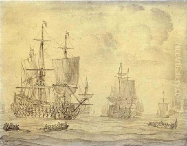 A Dutch Fleet In A Calm With Barges In The Foreground Oil Painting by Willem van de, the Elder Velde