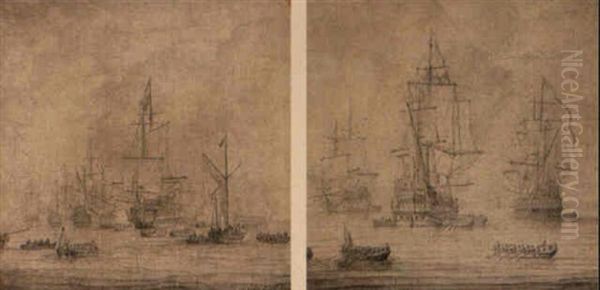 Dutch Ships And A Galjoot In A Calm Oil Painting by Willem van de, the Elder Velde