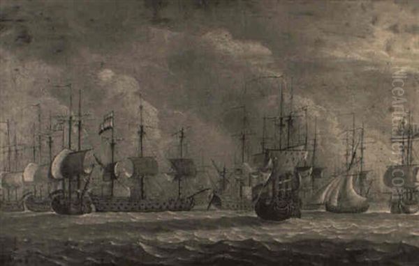 Dutch And British Frigates At Sea Oil Painting by Willem van de, the Elder Velde