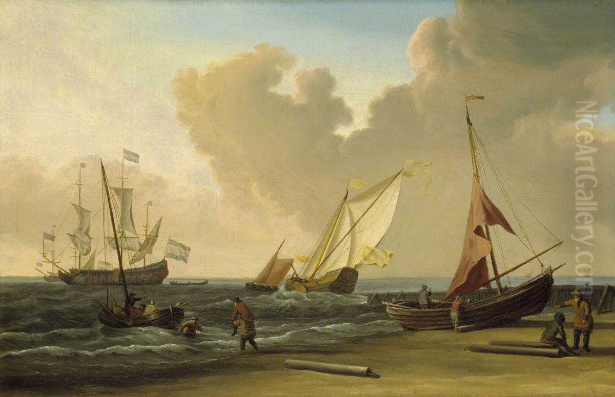 A Fishing Pink Hauled Up On The Beach In A Fresh Breeze On The Dutch Coast Oil Painting by Willem van de Velde the Younger