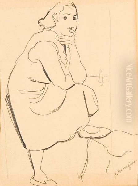 Donna Pensierosa Oil Painting by Cesare Breveglieri