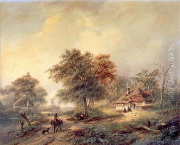 A Traveller On A Country Road Within A Summer River Landscape Oil Painting by Johanes Petrus van Velzen