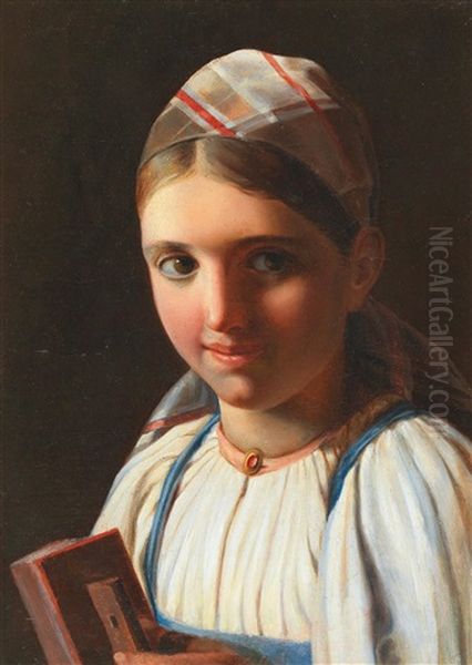 Girl With Harmonica Oil Painting by Aleksei Gavrilovich Venetsianov