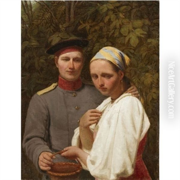 Soldier And Peasant Girl Oil Painting by Aleksei Gavrilovich Venetsianov