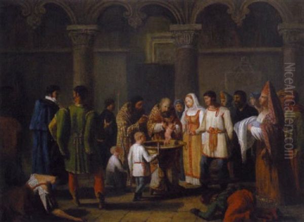 Taufzeremonie In Einer Russischen Kirche Oil Painting by Aleksei Gavrilovich Venetsianov