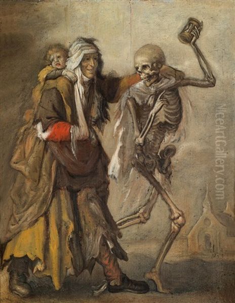 Eine Bettlerin Mit Kind Neben Dem Tod, Der Ein Stundenglas In Der Hand Halt Oil Painting by Adriaen Pietersz van de Venne