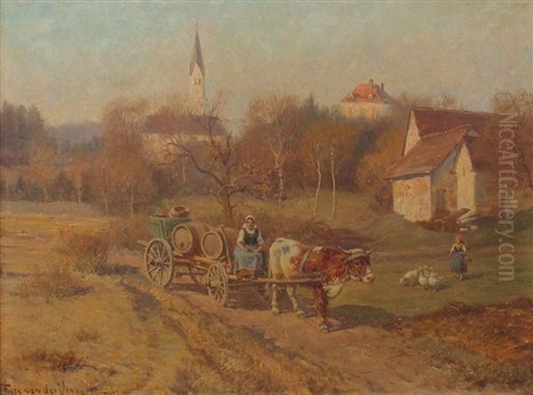 Ochsenkarren Mit Bauerin Oil Painting by Fritz Ritter von Venne