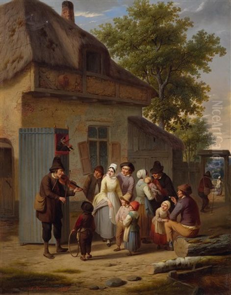 Street Scene With Musician And Puppeteer Oil Painting by Charles Venneman
