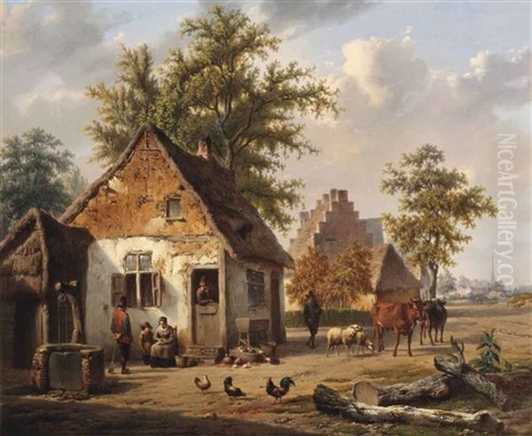 A Village Street With Cattle Oil Painting by Charles Venneman