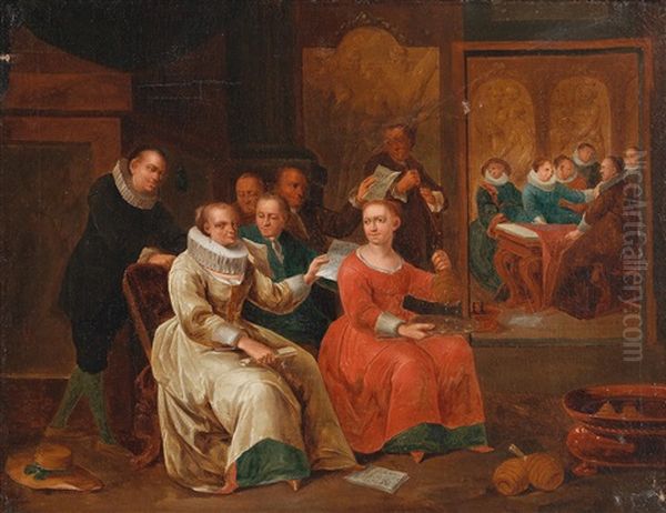 A Music-making Party With A Beehive Oil Painting by Francois Xavier Henri Verbeeck