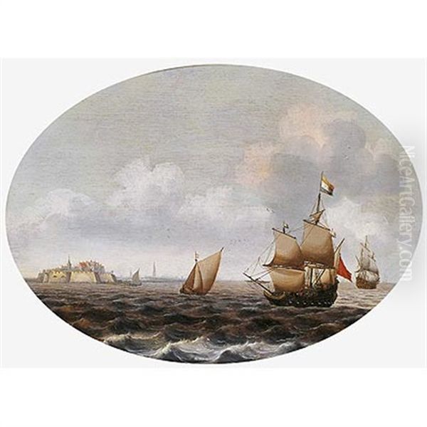 Barcos Frente Al Fuerte De Rammenkens En Middelburg Oil Painting by Pieter Cornelius Verbeeck