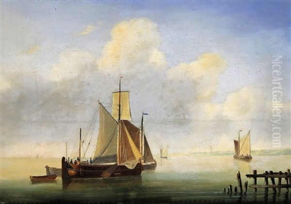 Boats On Calm Waters Off The Coast Oil Painting by Louis Verboeckhoven