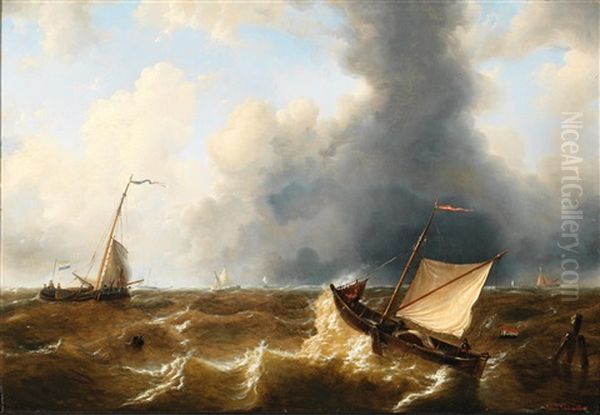 Sailing Boats On Stormy Seas Oil Painting by Louis Verboeckhoven