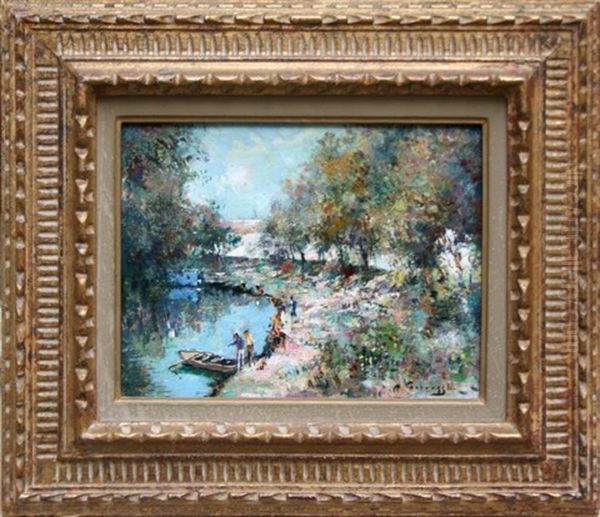 Saint Maur, Barque Sur La Riviere Oil Painting by Charles-Henri Verbrugghe