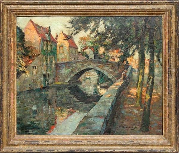 Le Pont Du Cheval A Bruges, Le Soir Oil Painting by Charles-Henri Verbrugghe