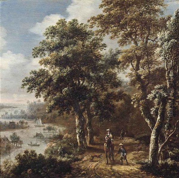 A Wooded River Landscape With Figures On A Track Oil Painting by Dionys Verburgh