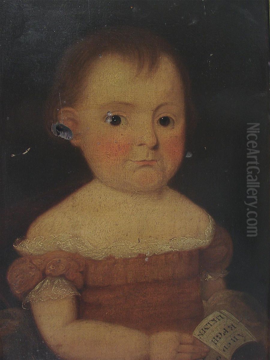 Half-length Portrait Of A Seated Girl Holding An Alphabet Primer In Her Right Hand. Subject Possibly Arianna Saville, A Member Of The Leonard Family Of Martha's Vineyard. Oil Painting by John Brewster Jr.