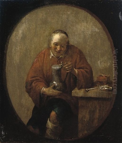 A Peasant Drinking And Smoking At A Table Oil Painting by Adriaen Verdoel