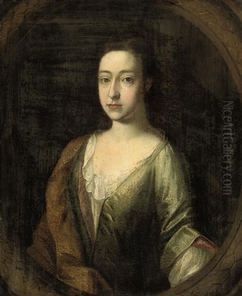 Portrait Of Margaret Frank, Lady Standish, In A Green Silk Dress And Rust Wrap Oil Painting by John Verelst