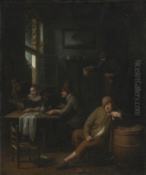 A Tavern Interior With Figures Drinking At A Table And A Man Smoking A Pipe Oil Painting by Pieter Harmensz. Verelst