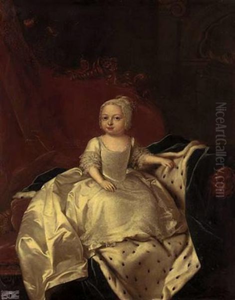 Portrait Of Princess Caroline Matilda (?) In A Lace Dress And Bonnet, Seated On A Sofa Draped With A Blue Velvet Ermine-lined Cloak, The Sofa Surmounted By The Prince Of Wales's Feather Badge Oil Painting by William Verelst