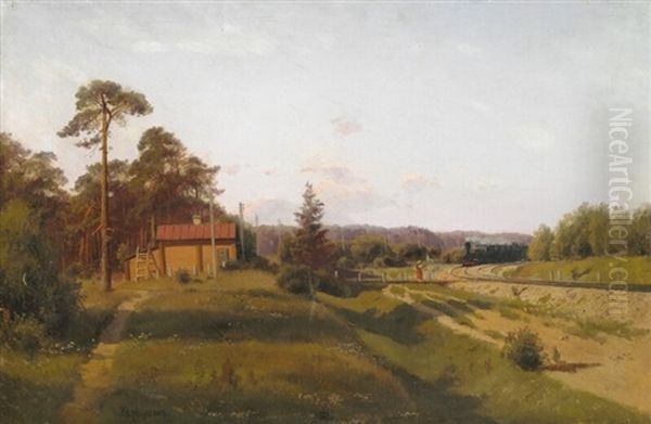 Russian Landscape With A Railway Station Surrounded By Tall Pine Trees Oil Painting by Vasili Petrovich Vereshchagin