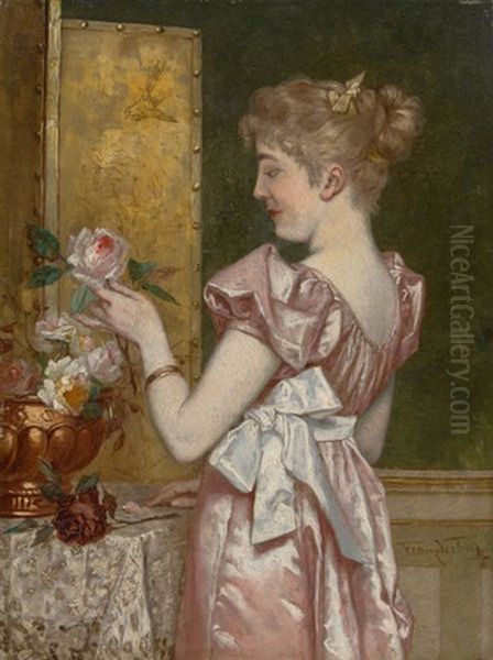 Jeune Femme Composant Un Bouquet De Fleurs Oil Painting by Frans Verhas