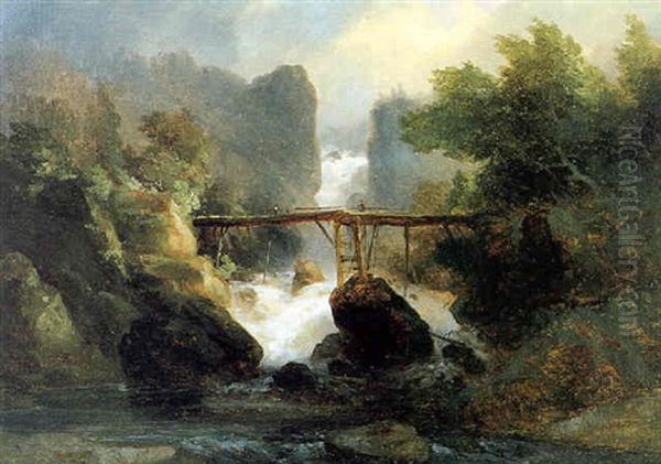 Romantische Gebirgslandschaft Mit Einer Holzbrucke Und Figurlicher Staffage Oil Painting by Theodor Verhas