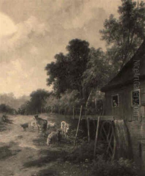 A Herdsman And Cattle Resting Near A Watermill Oil Painting by Hendrik Frederik Verheggen