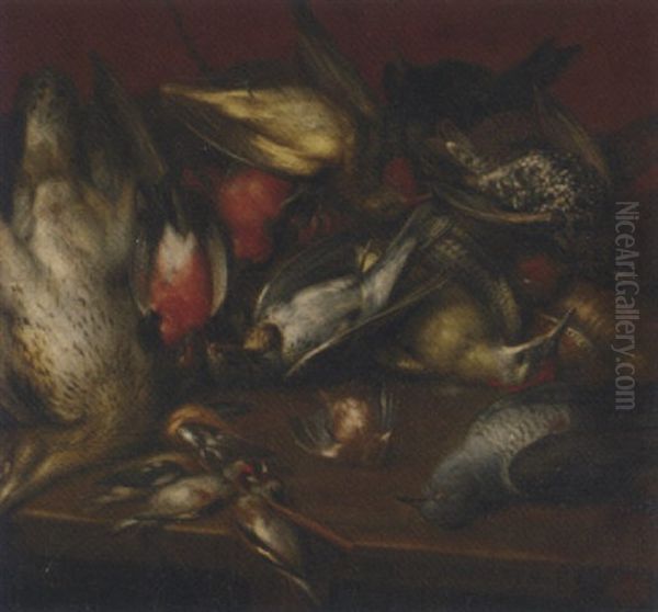 A Hunting Still Life With A Sparrow, A Pigeon, A Woodpecker, A Starling, A Pheasant, A Robin And Other Fowl On A Wooden Table Before A Red Background Oil Painting by Jan (Hans) Verhoeven