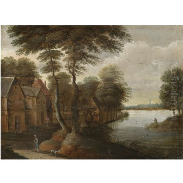 A River Landscape With Figures In The Foreground And A Fisherman On The Right Bank Oil Painting by Antonie Pierre Verhulst