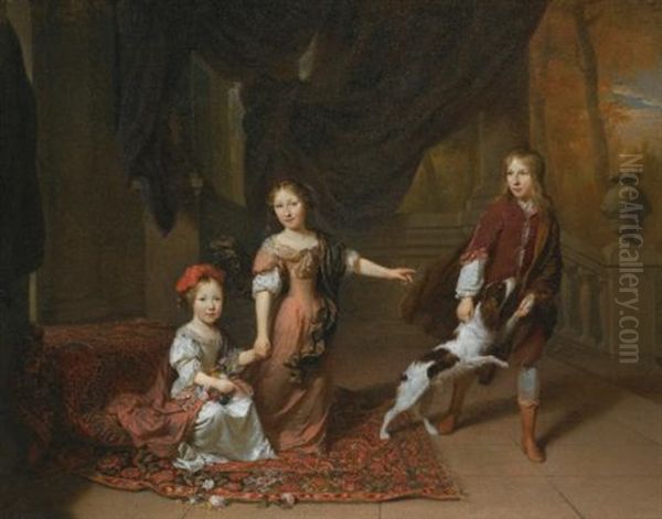 A Portrait Of Two Sisters And Their Brother Playing With A Dog Oil Painting by Jan Verkolje the Elder