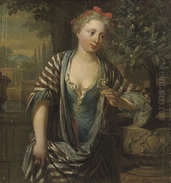 A Young Woman Holding A Flower Oil Painting by Nicholaas Verkolye