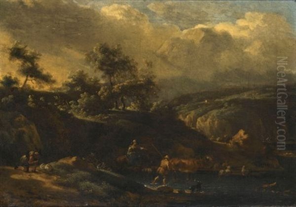 An Italianate Landscape With Shepherds Crossing A Stream With Their Flock Oil Painting by Jan Vermeer van Haarlem III