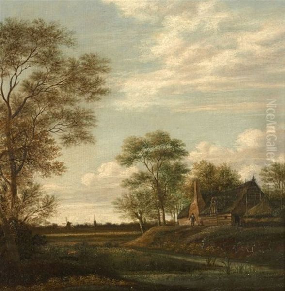 Deux Personnages Devant Une Chaumiere Dans Un Paysage Oil Painting by Jan The Younger Vermeer Van Haarlem