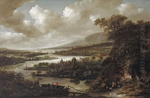 A Wooded River Landscape With Fishermen In A Boat And Hunters On A Track, A Town Beyond Oil Painting by Jan The Younger Vermeer Van Haarlem