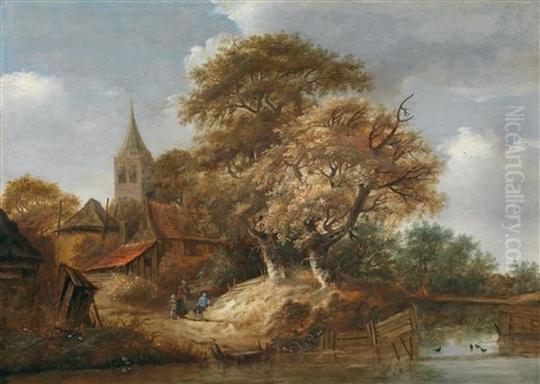 Ein An Einem Gewasser Liegendes Dorf Mit Bauerlicher Staffage Oil Painting by Jan The Younger Vermeer Van Haarlem