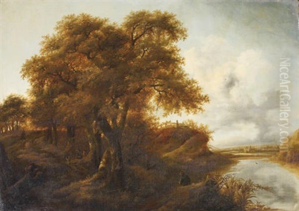 A Wooded River Landscape With Travellers On A Track Oil Painting by Jan The Younger Vermeer Van Haarlem