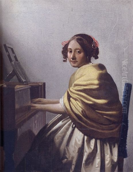 A Young Woman Seated At The Virginals Oil Painting by Jan Vermeer Van Delft