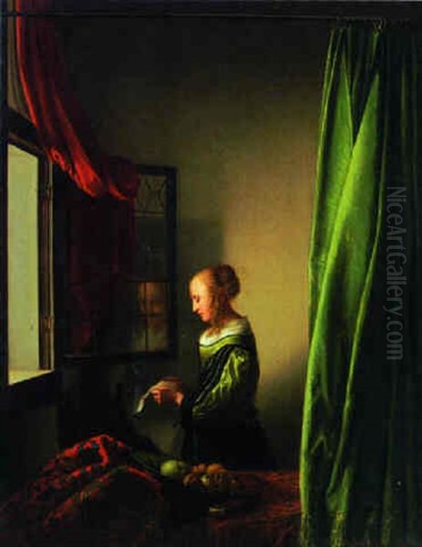 A Woman Reading A Letter At A Window Oil Painting by Jan Vermeer Van Delft