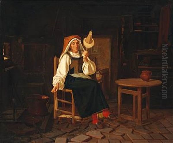 A Country Interior With An Elderly Italian Woman Spinning Yarn Oil Painting by Frederik Vermehren