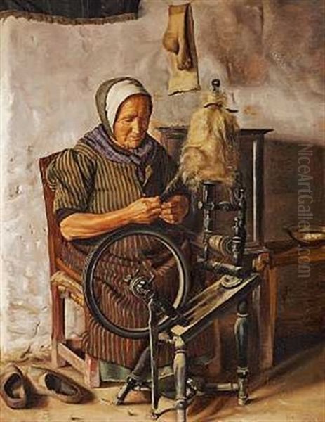 En Spindekone Oil Painting by Frederik Vermehren