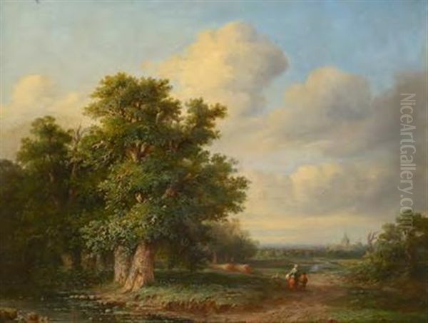 Landschaft Mit Eichen Und Heimkehrender Mutter Mit Kind, Im Hintergrund Ortschaft Oil Painting by Andre Vermeulen