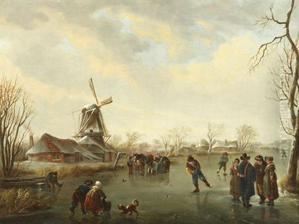 Figures Skating On A Frozen River By A Windmill Oil Painting by Andries Vermeulen
