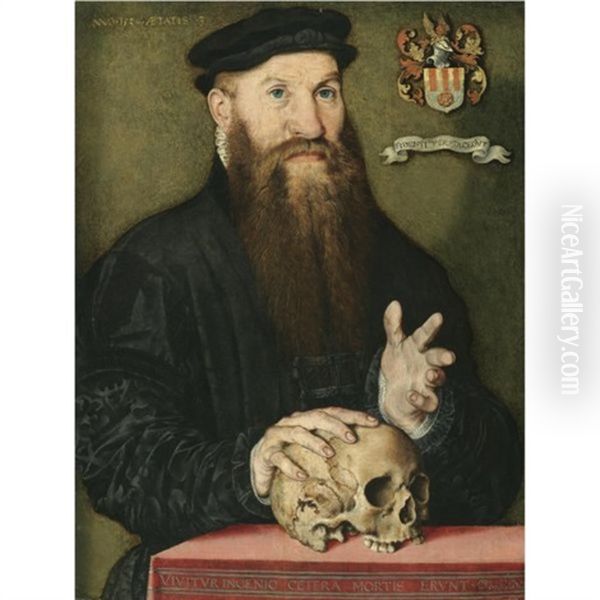 Portrait Of A Bearded Gentleman, At The Age Of 33, Wearing A Black Cloak And Hat, His Right Hand Resting On A Skull Oil Painting by Jan Cornelisz Vermeyen