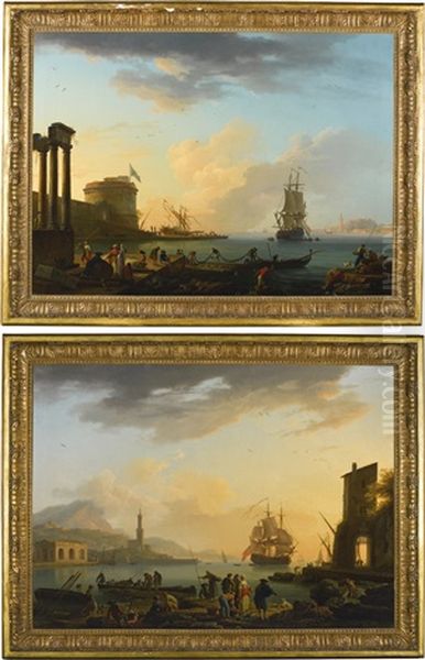 Morning: A Mediterranean Harbour Scene With Fishermen Laying Out Their Nets; Evening: A Mediterranean Harbour Scene With Fishermen And Their Catch Oil Painting by Vernet Claude Joseph