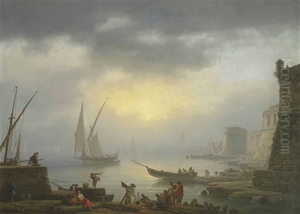 A Harbour At Sunrise Oil Painting by Vernet Claude Joseph