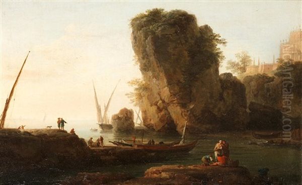 A Cove On A Rocky Mediterranean Coast, With Small Vessels And Fishermen Oil Painting by Vernet Claude Joseph