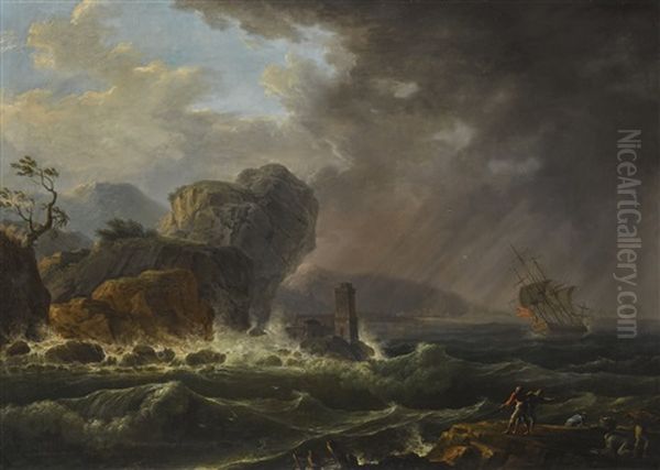 A Landscape With Fishermen On A Rock, With Ships Beyond In Heavy Seas Oil Painting by Vernet Claude Joseph