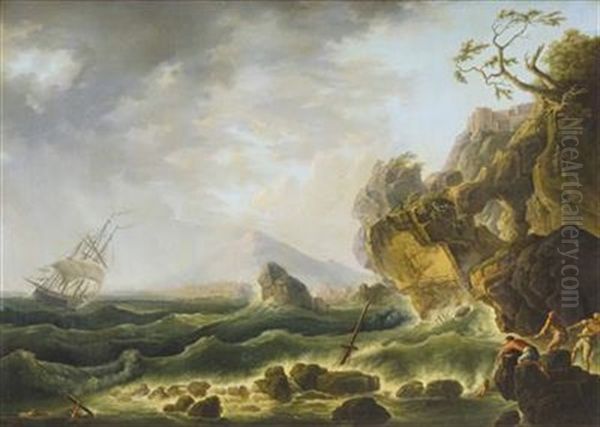 Sturmische Kustenlandschaft Mit Dreimaster Und Bergenden Oil Painting by Vernet Claude Joseph